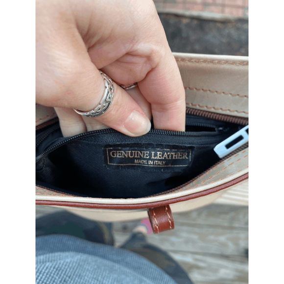 Vera Pelle Vintage Cream and Brown Leather Crossbody Bag, made in Italy - Picture 3 of 5